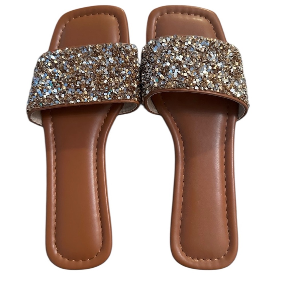 Elegant Brown Glitter Slide Sandals women’s size 8 NWT